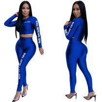 Letter Print Long Sleeve Tight Sports Top and Pants