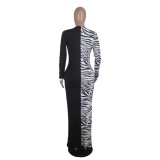 Zebra Print Long Straight Dress with Full Sleeves