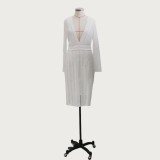 White Lace Deep-V Long Sleeve Midi Dress