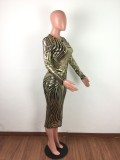 Gold and Black Sequin Long Sleeves Midi Dress