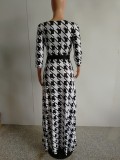 White and Black Print Maxi Dress with Sleeves