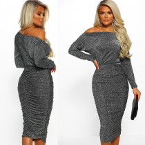 Off Shoulder Sequins Long Sleeve Party Slim Dress with linning