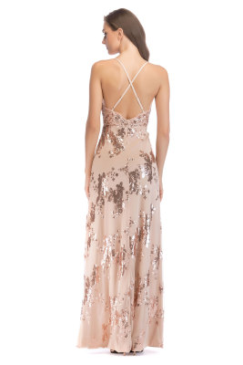 Deep-V Sequins Straps Slit Evening Dress