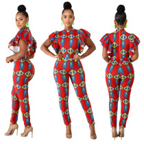 African Print Bodycon Jumpsuit with Ruffles Cuff