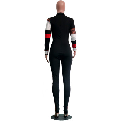 Print Black Long Sleeve Active Jumpsuit