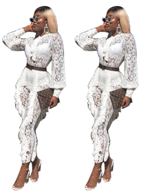 Full Lace White Party Jumpsuit with Sleeves
