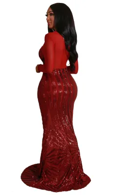 Red Sequins Long Sleeves Mermaid Evening Dress