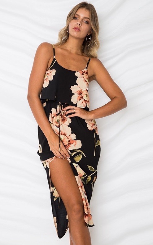 Floral Straps Irregular Long Dress