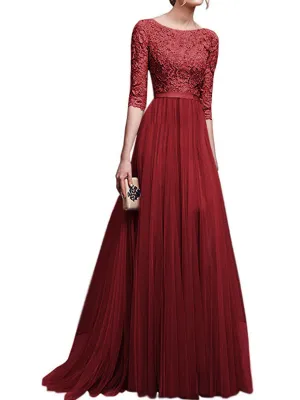 Lace Upper Long Evening Dress with 1/2 Sleeves