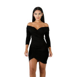 Plain Color Wrapped Club Dress with Full Sleeves