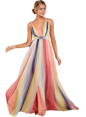 Multi-Color Stripes Halter Maxi Dress