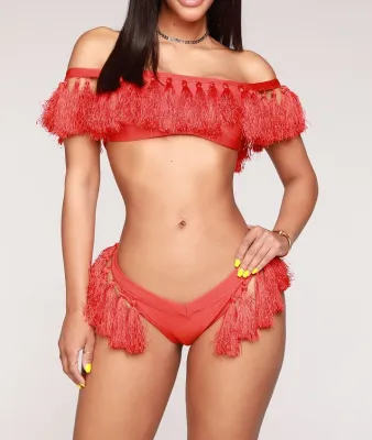 Two-Piece Off Shoulder Tassels Swimwear
