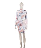 Long Sleeve Print Bodycon Dress with Stand Neck