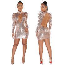 Sexy Cut Out Sequins Long Sleeve Club Dress