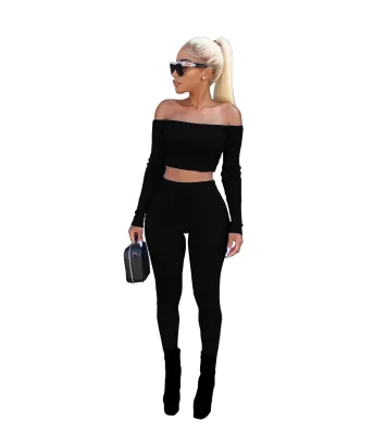 Plain Stripped Long Sleeve Bandeau Top and Pants 27315-1