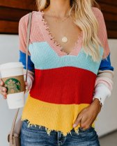 Wide Stripes Deep-V Pullover Sweater
