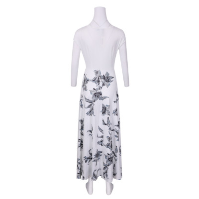 Floral White Round Neck Long Dress with Short Sleeves