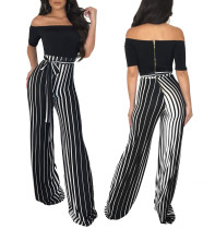 Off Shoulder Stripes Jumpsuit with Belt