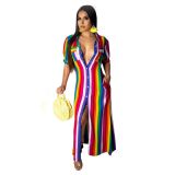Colorful Stripes Long Dress with Belt