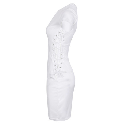 White Lace Up Short Sleeve Midi Dress