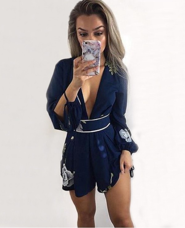 Floral Blue Long Sleeve Deep-V Rompers