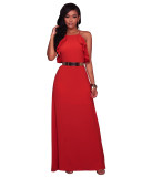 Pure Color Cross Back Straps Long Dress with Ruffles 26439-1