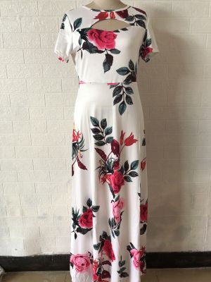 Flower Print Cut Out Short Sleeve Maxi Dress