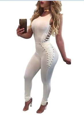 Lace-Up White Sleeveless Club Jumpsuit