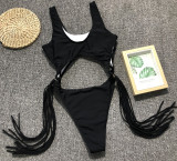 Pure Black One-Piece Tassle Swimwear
