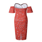 Red Print Off Shoulder Club Dress 26061