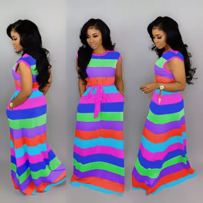 Sleeveless Contrast Long Dress with Belt
