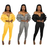 Off Shoulder Front-Zipped Jumpsuit with Pop Sleeves