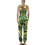 Print Green V-Back Sleeveless Jumpsuit