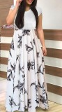 Floral White Round Neck Long Dress with Short Sleeves