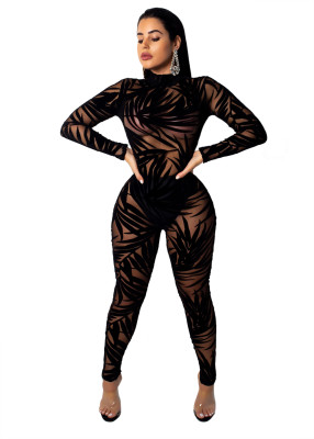 Print Black Long Sleeve Sexy Clubbing Jumpsuit