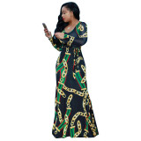Chains Print Black Maxi Dress with Sleeves 27762