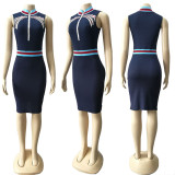 Navy Blue Print Sleeveless Bodycon Dress