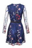 Blue Long Sleeves Embroidery Dress