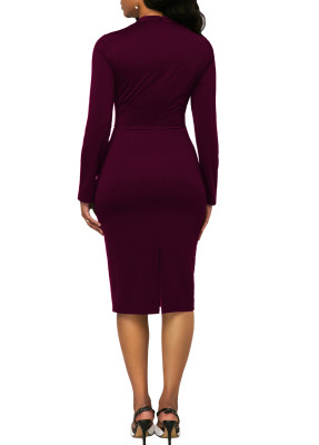 Block Color Long Sleeve Office Dress with Belt