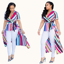 Colorful Stripped High Low Top with Belt