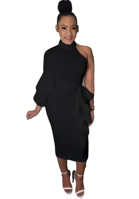 Plain Color One Shoulder Ruffle Party Dress