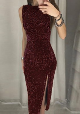 Sequin Sleeveless Slit Cocktail Midi Dress