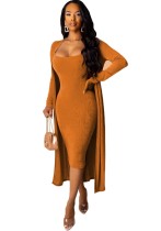 Plain Solid Midi Dress with Matching Long Cardigans