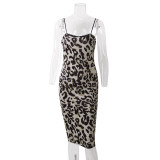 Leopard Print Straps Slim Long Dress