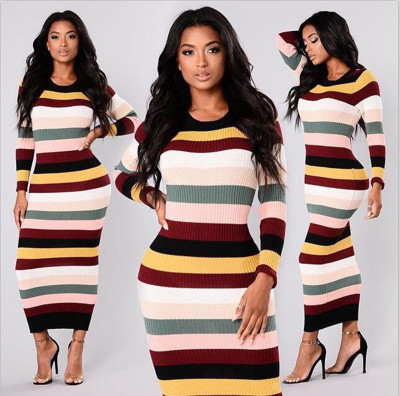 Multi-Colored Stripped Sheath Dress with Sleeves 27899