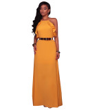 Pure Color Cross Back Straps Long Dress with Ruffles 26439-2