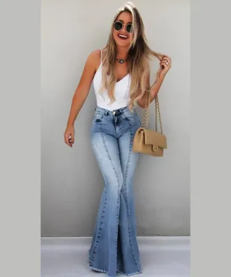 Blue Washing Out High Waist Wide Jeans