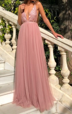 Sequins V-Neck Sleeveless Evening Dress