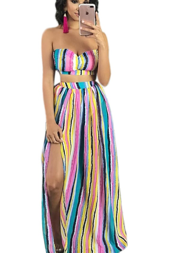 Multi-Color Stripes Sweetheart Top and Maxi Skirt