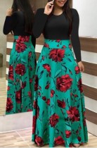 Print Flower Long Dress with Long Sleeves